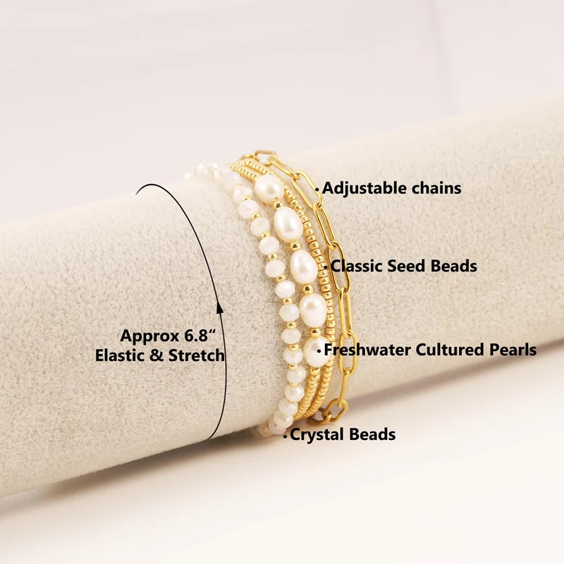 Dainty Gold Pearl Crystal Beaded Bracelets Set for Women 14K Real Gold Plated Stackable Paperclip Link Chain Bracelets Jewelry