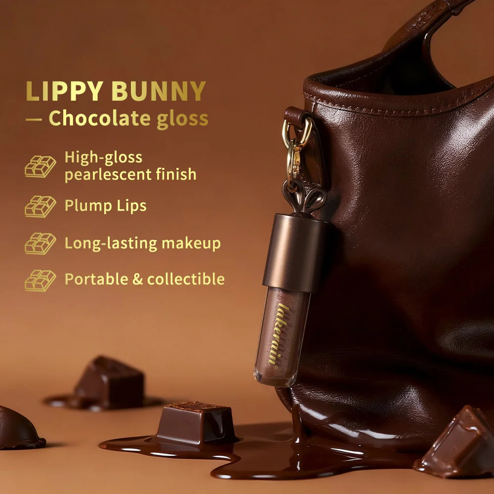 LIPPY BUNNY Plump Lips Chocolate Glow Moisturizing Lip Gloss with Bunny Keychain Lip Stain Cosmetics Makeup