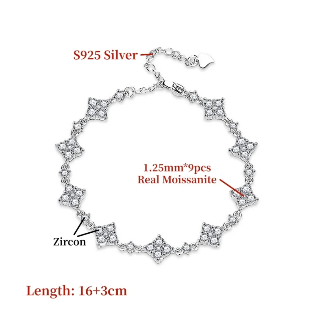 NKHOG Real Moissanite Adjustable Bracelets For Women 925 Sterling Silver Lab Diamond Four Leaf Clover Chains Gifts Fine Jewelry