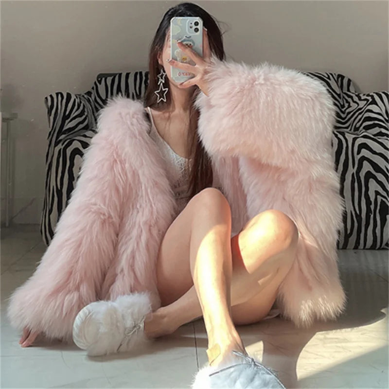 ZXRYXGS Elegant Temperament Hooded Coat Women's Clothing Imitation Fox Fur Coat 2025 New Autumn Winter Jackets Black White