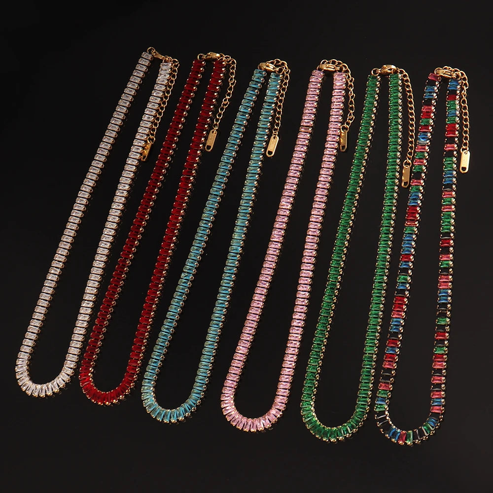 Stainless Steel Necklace Shiny Crystal White Green Cubic Zircon Choker Necklaces For Women Tennis Chain Necklace Jewelry Gift