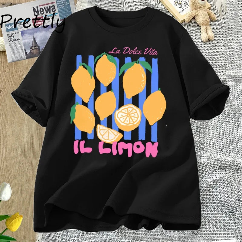 Lemon Tshirt Italian Summer Fruit T Shirt Cotton Short Sleve Loose Tshirt Women Ladies Vintage Graphic Tees Aesthetic Clothes
