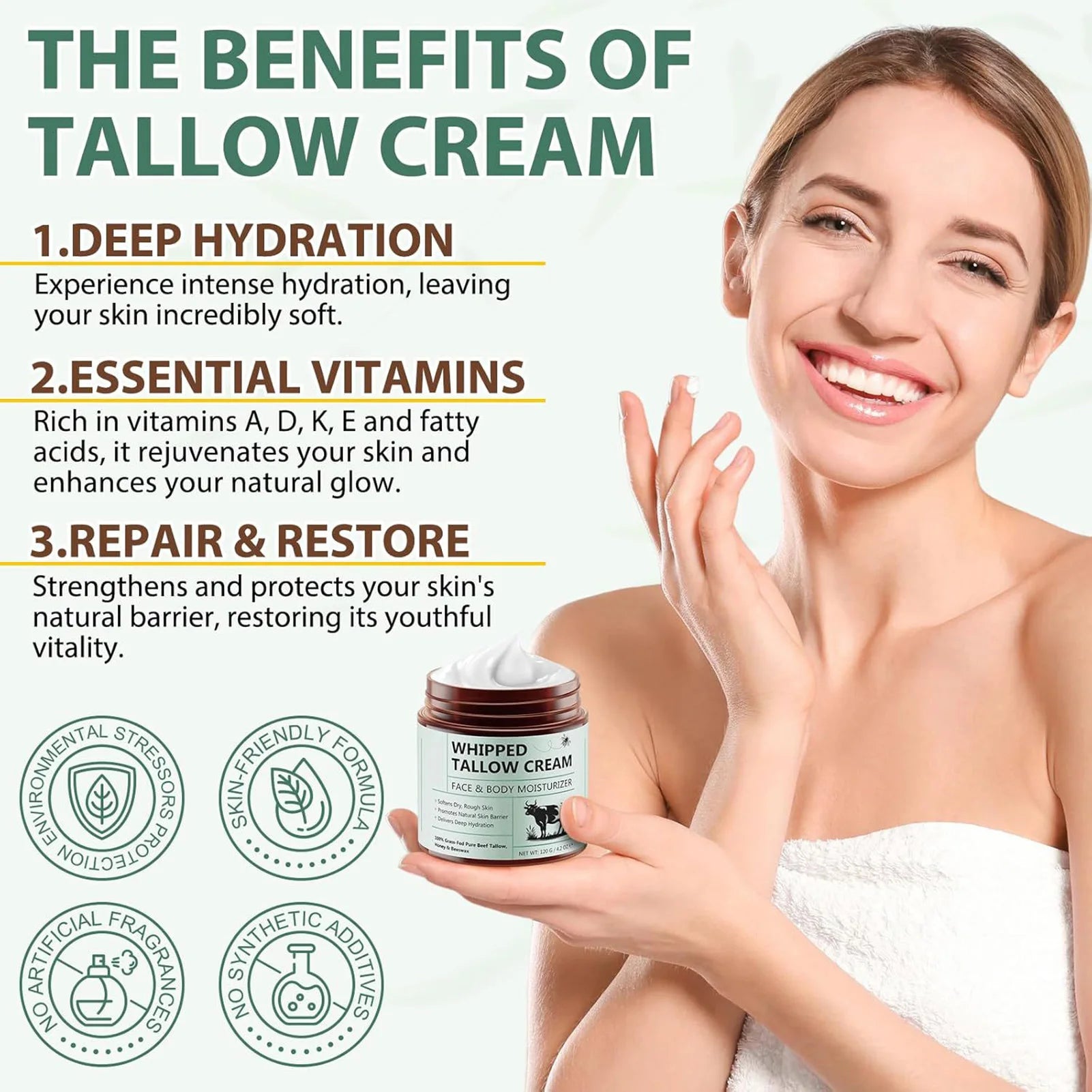 120g Tallow Face Moisturizer Organic-Grass Fed Whipped Beef Tallow with Honey Beeswax Deeply Moisturizing for Face Body