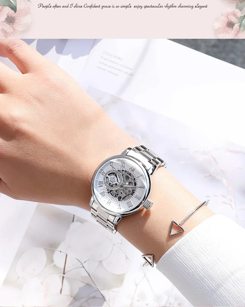 ORKINA Luxury Brand Skeleton Design Waterproof Automatic Mechanical Stainless Steel Mesh Strap Rose Gold Wrist Watch for Women