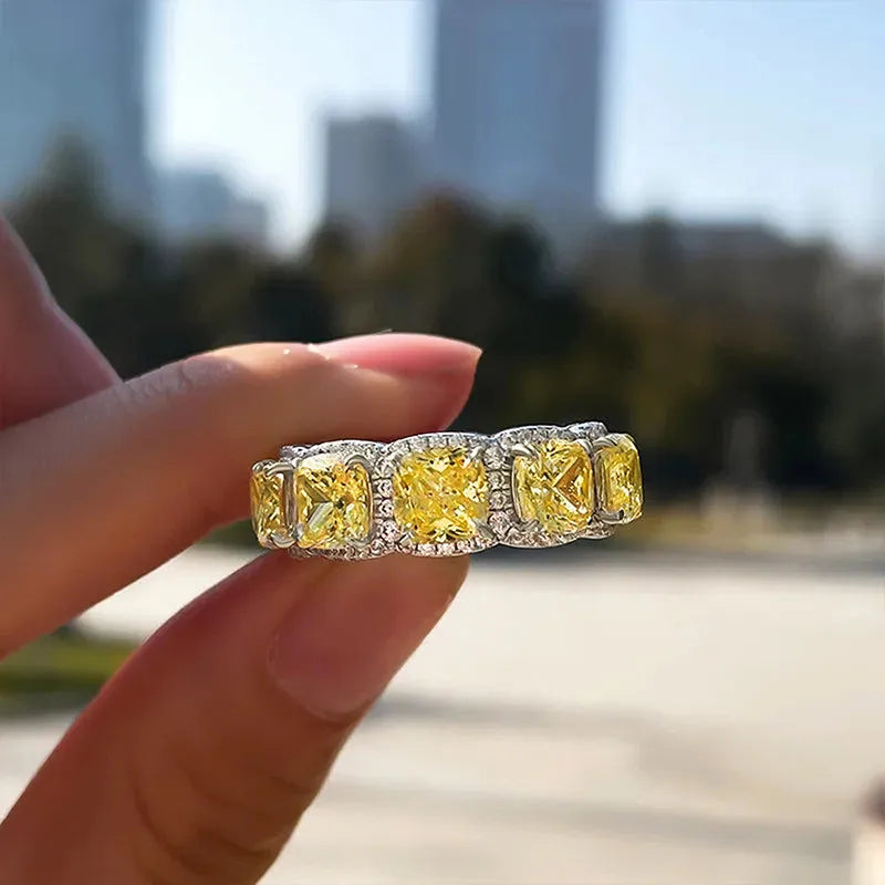 925 Sterling Silver Yellow Cubic Zirconia Women Rings Wedding Party Trendy Luxury Female Accessories Statement Jewelry