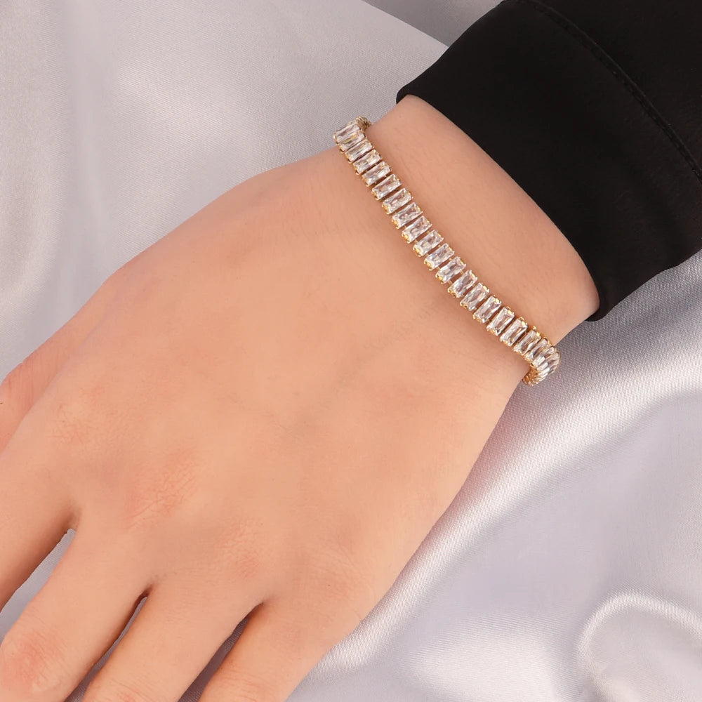 Stainless Steel Necklace Shiny Crystal White Green Cubic Zircon Choker Necklaces For Women Tennis Chain Necklace Jewelry Gift