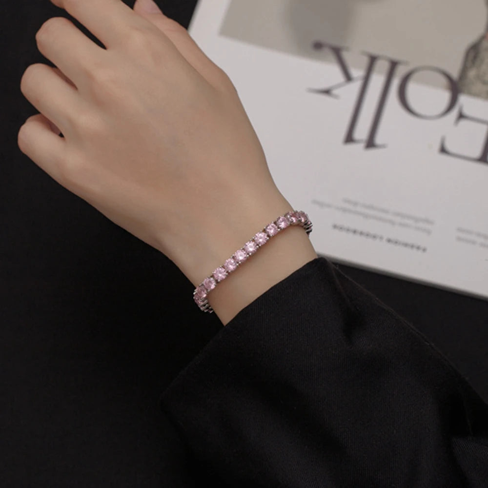 Wong Rain Solid 925 Sterling Silver 5MM Lab Pink Sapphire High Carbon Diamonds Gemstone Tennis Chain Bracelets Fine Jewelry