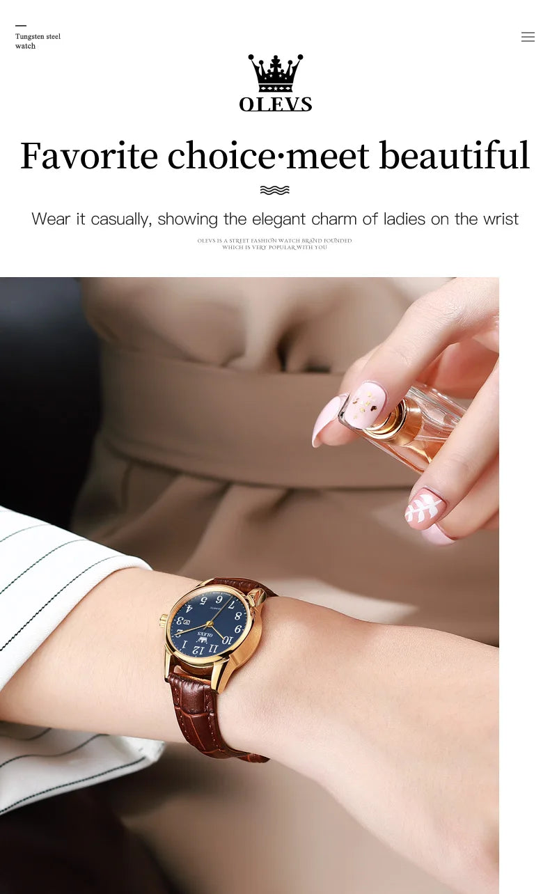 OLEVS 5566 Fashion Quartz Watch for Men and Women Leather Strap Waterproof Original Watch Arabic Numeral Scale Giving to Elders