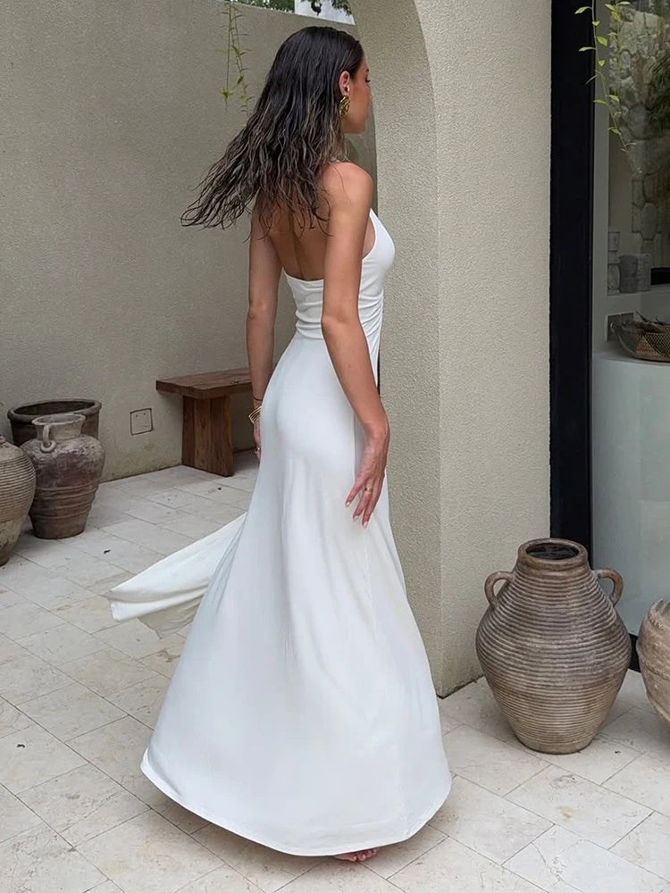Deep V Neck Halter Long Dress Female Elegant Ruched Ribbon Splice Summer New Vacation Dress Sexy Slim Sleeveless Party Vestido