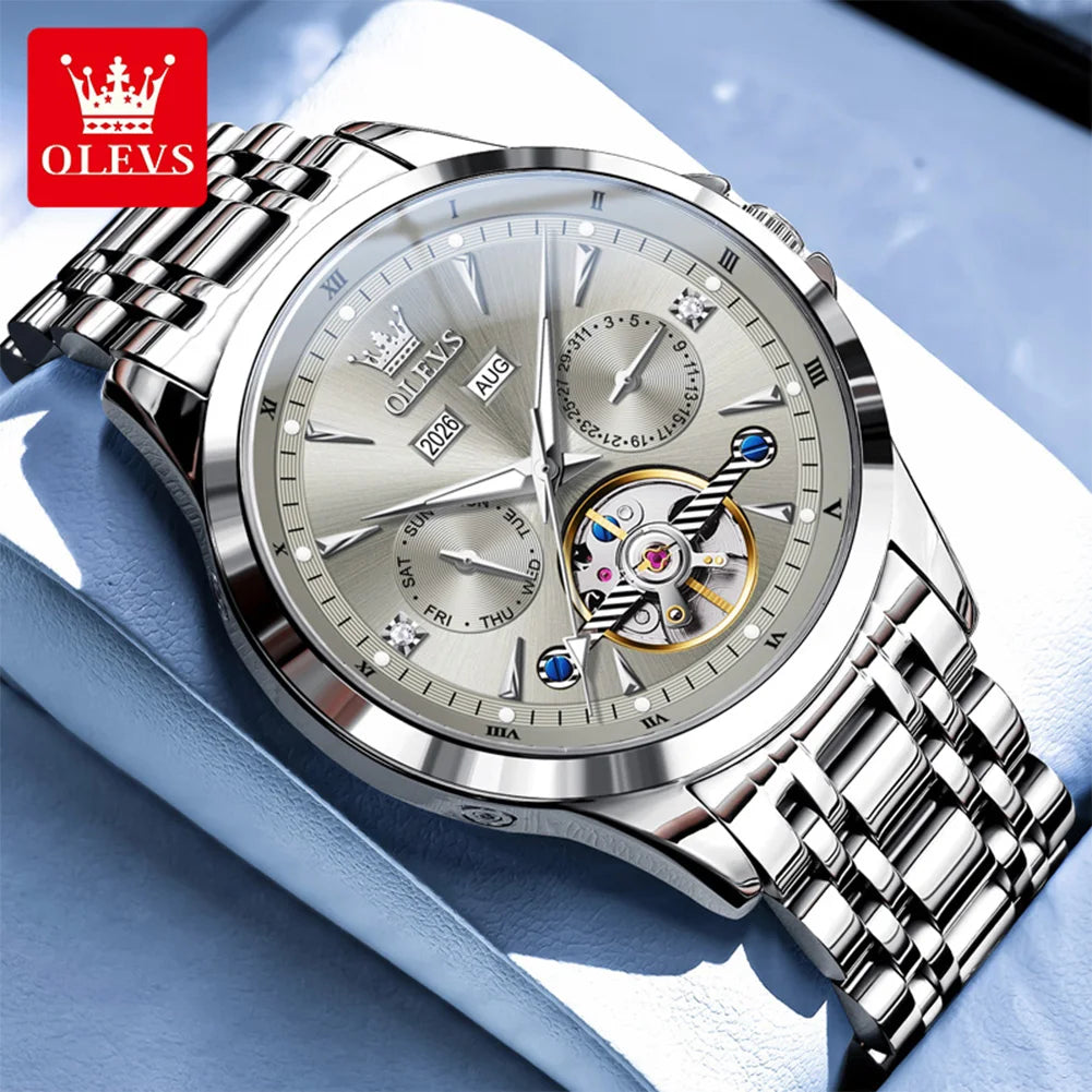 OLEVS Automatic Man Watch Skeleton Flywheel Luxury Original Mechanical Wristwatch Waterproof Stainless Steel  Men's Watches 7091