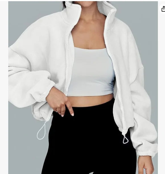 Women's Polar Fleece Zip Hoodie Athletic Loose Fit Crop Top w/ Stand Collar, Thumb Holes & Drawstring Hem for Fall Winter