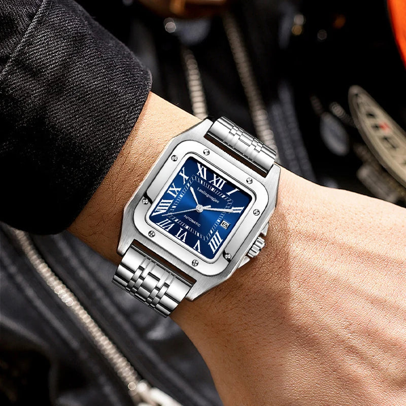 New Genuine High-Quality Square Men's Mechanical Watch, Automatic Winding, Skeleton Design, Stainless Steel Strap, with Calendar Display, European and American Style Tank Series, Fashionable Business Casual Stylish Handsome S