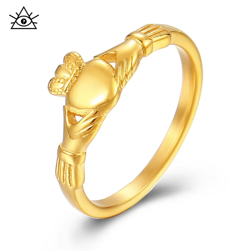 Stainless Steel Irish Claddagh Ring Heart Crown Wedding Promise Band for Women Men