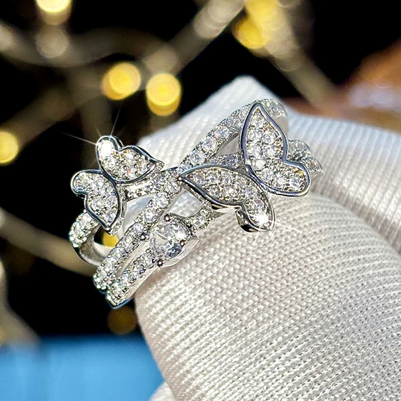 Huitan Romantic Rings with Double Butterfly Shiny Cubic Zirconia Finger Accessories Sweet Exquisite Graceful Jewelry for Wedding