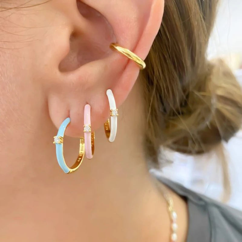 Multicolour Enamel Hoop Earrings for Women 925 Silver Needle Candy Color Huggie Earrings Trendy Party Girls Jewelry Gift