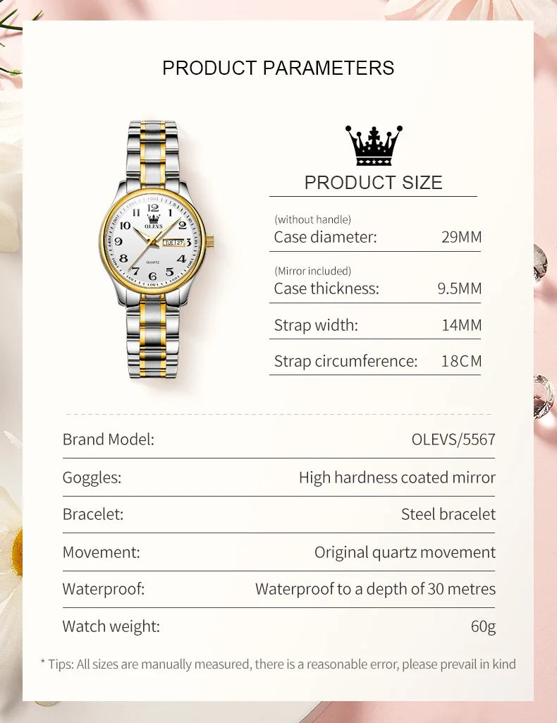 OLEVS Luxury Quartz Watch for Women Elegant Stainless Steel Watch Luminous Waterproof Week Date Wristwatch Ladies Dress Watch