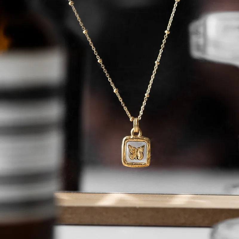 Ramos Butterfly Shell Pendant Collar Stainless Steel Golden Square Trendy Fashion Necklace for Women Stylish Jewelry Gift