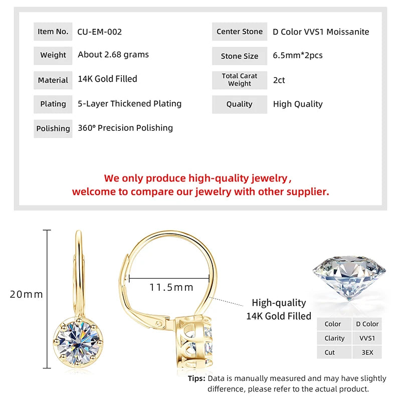 RAPRGOLD 1.0CT Round Moissanite Classic Clip Hoop Earrings for Women 14K Gold Filled Delicate Huggie Jewelry Anniversary Gifts