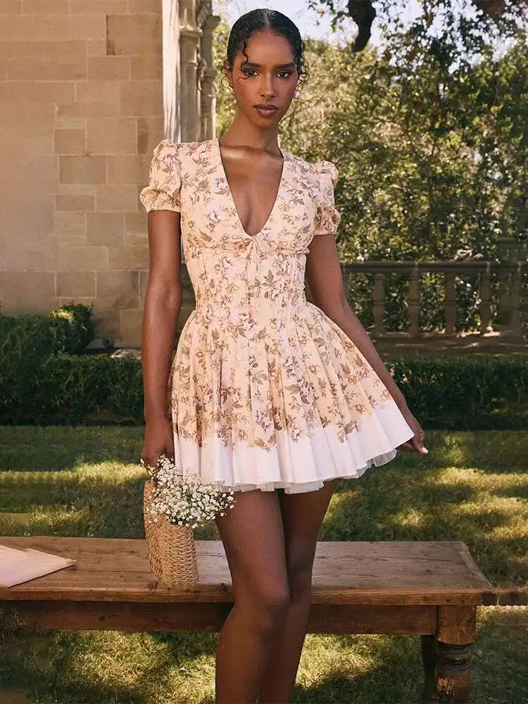 Townlike Patchwork Print Waiist Wrap A-line Pleated Dress Women Mini 2024 Summer Dress V Neck Nightclub Sexy Party Dresses