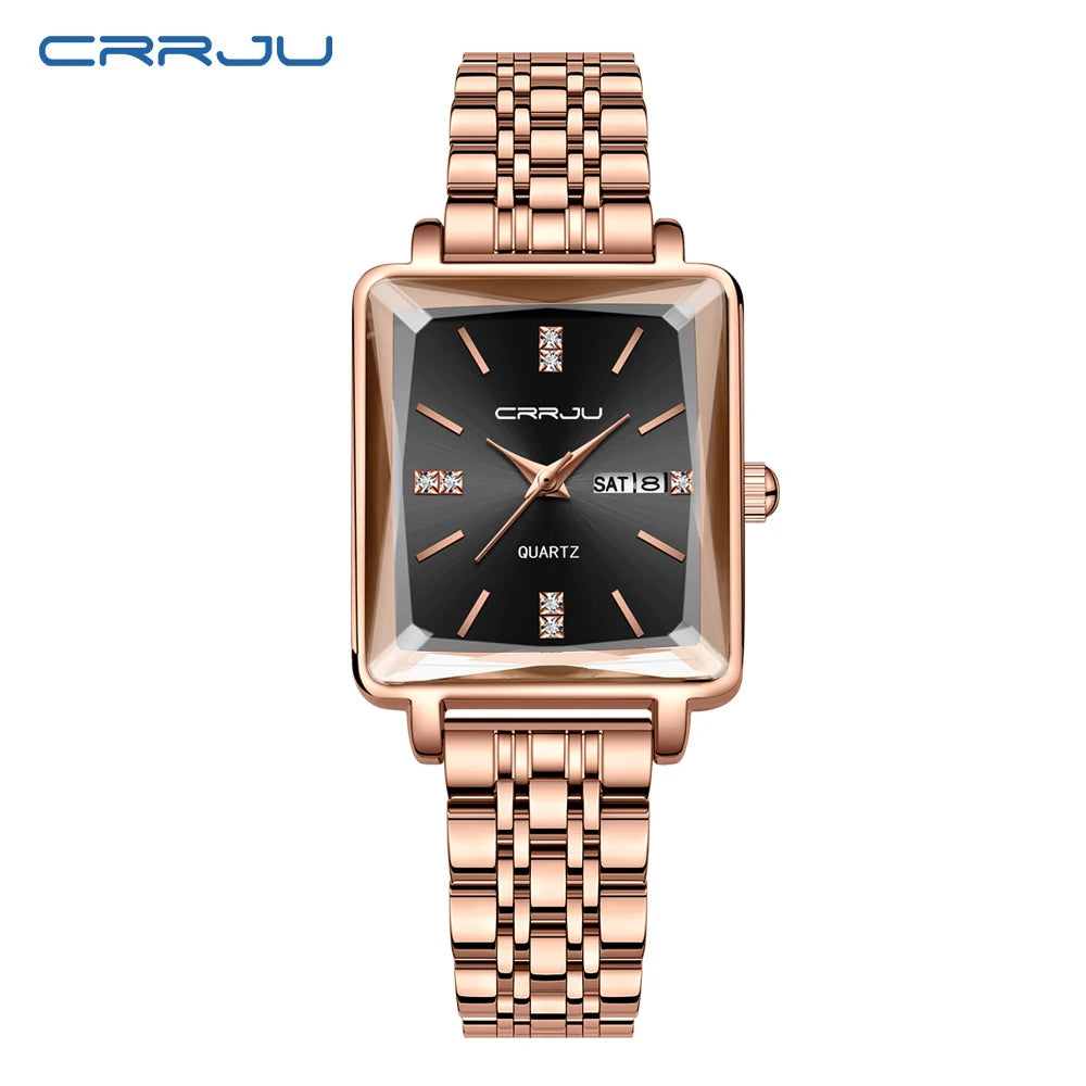 CRRJU Waterproof Women's Square Quartz Dress Watch Ladies Steel Bracelet Wristwatch with Date Relogio Feminin