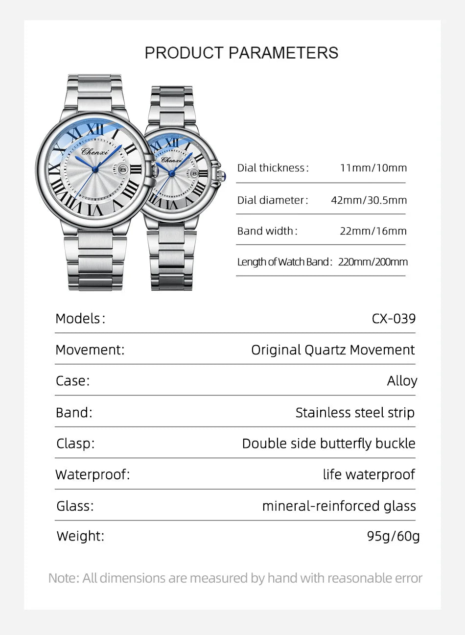 CHENXI 039 Couple Exquisite Watch Quartz Top Brand Luxury Fashion Stainless Steel Silver White Male and Female Couple Watch Gift