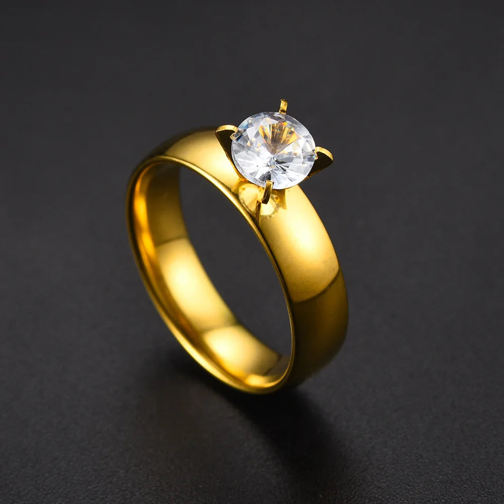 New Style Fashion Gold Plated Zircon Stainless Steel Couple Rings For Women Men Engagement Ring Valentine Day Gift Size 6-12