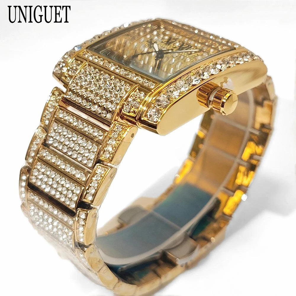 UNIGUET Iced Out Watch For Men Luxury Gold Stainless Steel Quartz Watches Hip Hop Full Diamonds Rectangle AAA Wristwatch Man