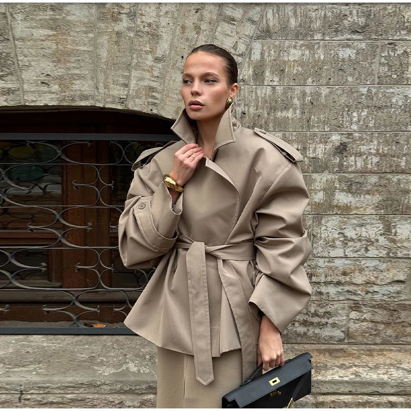 Casual Loose Jackets Women Lapel Long Sleeves Belt Double Breasted Short Windbreaker 2025 Spring Fashion Chic Streetwears Lady