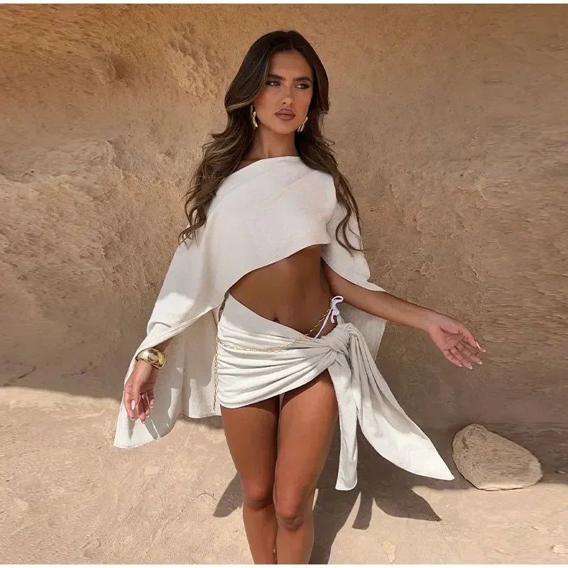 Women Solid Color Shawl Tops Mini Knot Skirt Suit Cotton Linen Comfort Skirts Set 2026 Spring Summer Lady Beach Holiday Outfit
