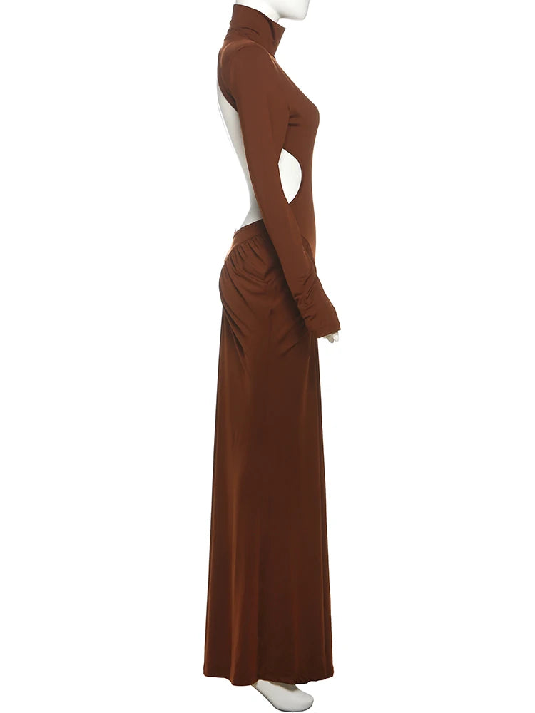 kliou Shirring Sheath Women Maxi Dresses High Street Classic Full Sleeve Straight Shoulder Backless Vestidos Mujer Evening Wear