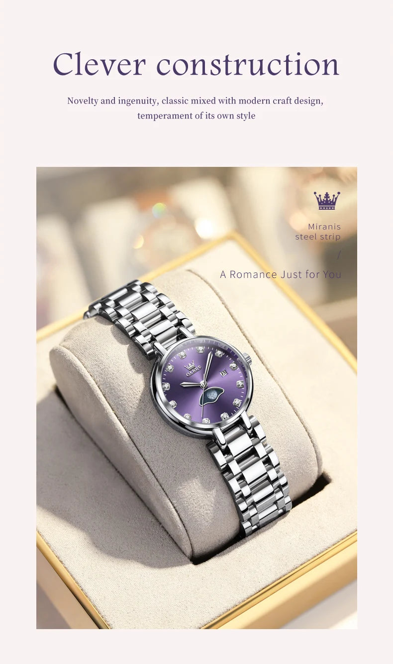 OLEVS Diamond Time Purple Moon Phase Dial Women Watches Luxury Brand New Fashion Women Quartz Watch Steel Waterproof Dress Watch
