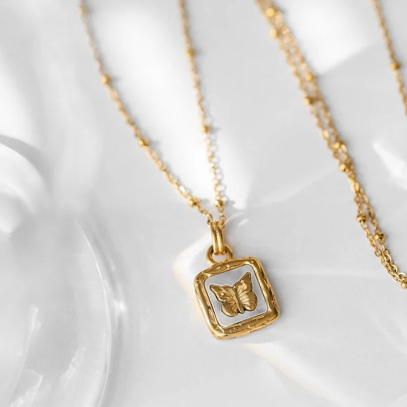 Ramos Butterfly Shell Pendant Collar Stainless Steel Golden Square Trendy Fashion Necklace for Women Stylish Jewelry Gift