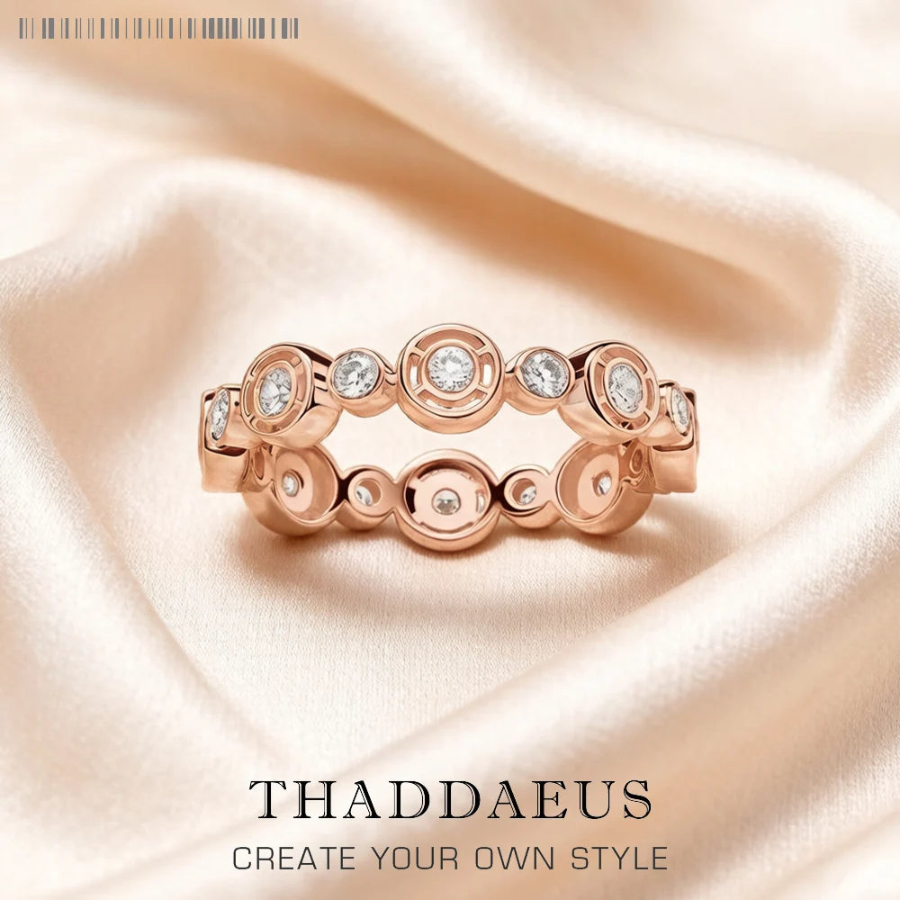 Round Circles Rose Gold Ring Fine Jewerly For Women Spring Brand New Romantic Gift In Real 925 Sterling Silver