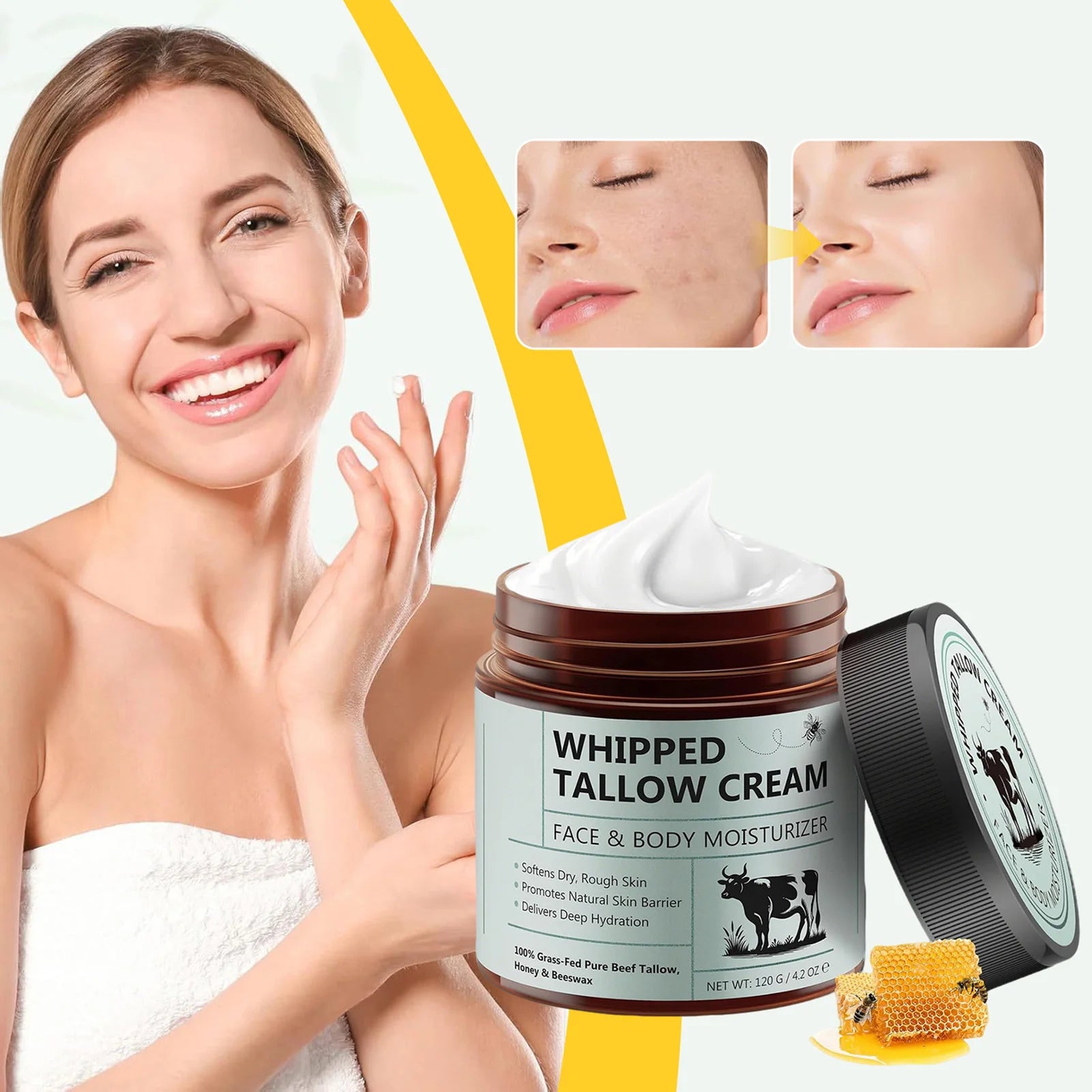 120g Tallow Face Moisturizer Organic-Grass Fed Whipped Beef Tallow with Honey Beeswax Deeply Moisturizing for Face Body