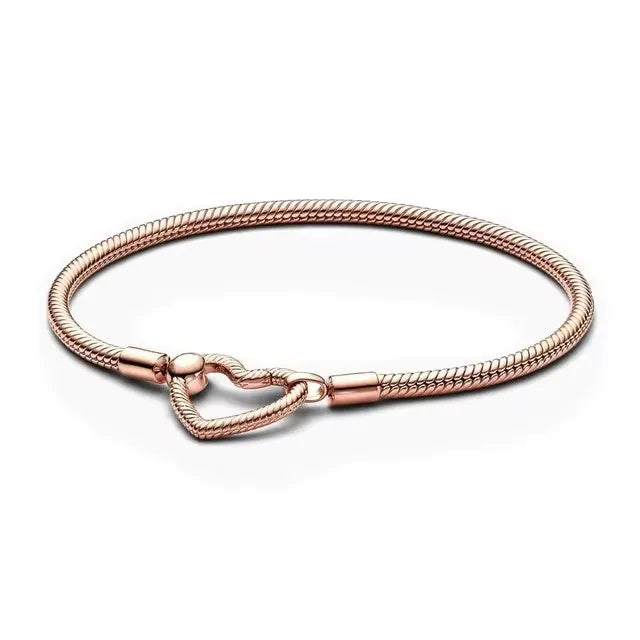 925 Silver original 17-21CM Pearl Heart-Shaped Hard Ring Square Buckle Round Bracelet Fit for DIY Mini Birthday Jewelry Gifts