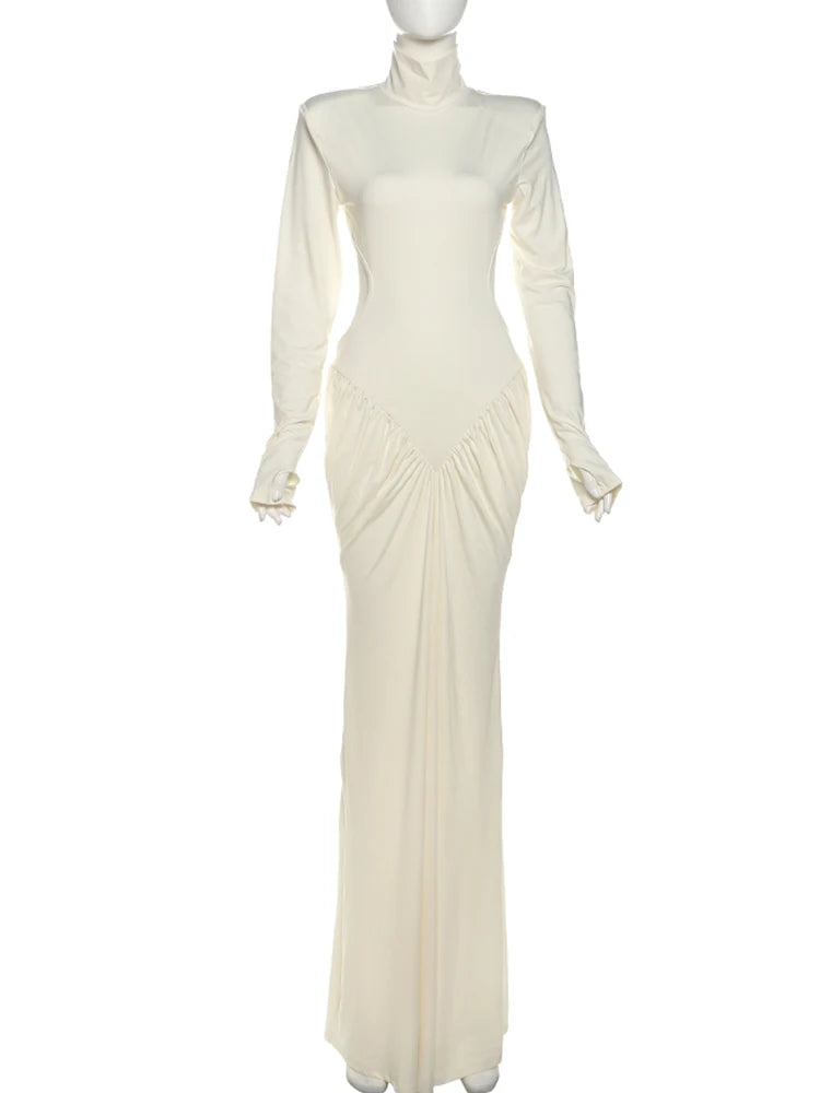 kliou Shirring Sheath Women Maxi Dresses High Street Classic Full Sleeve Straight Shoulder Backless Vestidos Mujer Evening Wear