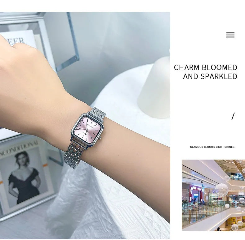 Stainless Steel Watch Women's Ins Style Simple Student Quartz Watch Casual Fashion Versatile Luxury Small Square Wristwatch