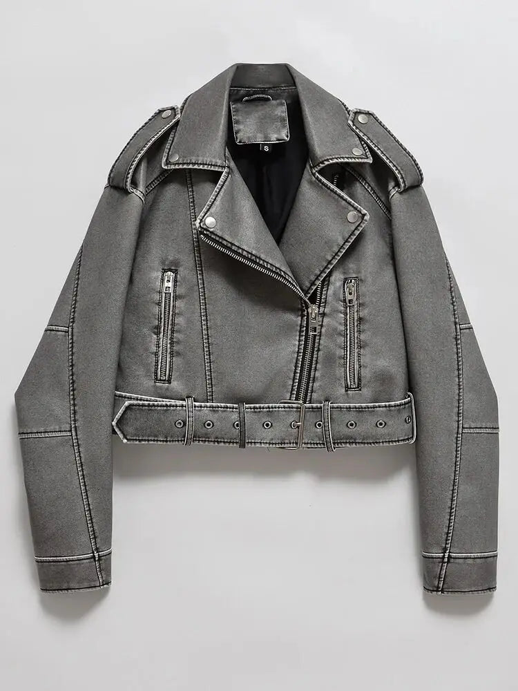 Women Oversized Vintage Loose Pu Faux Leather Short Jacket with Belt Streetwear Female Zipper Retro Moto Biker Coat Outwear