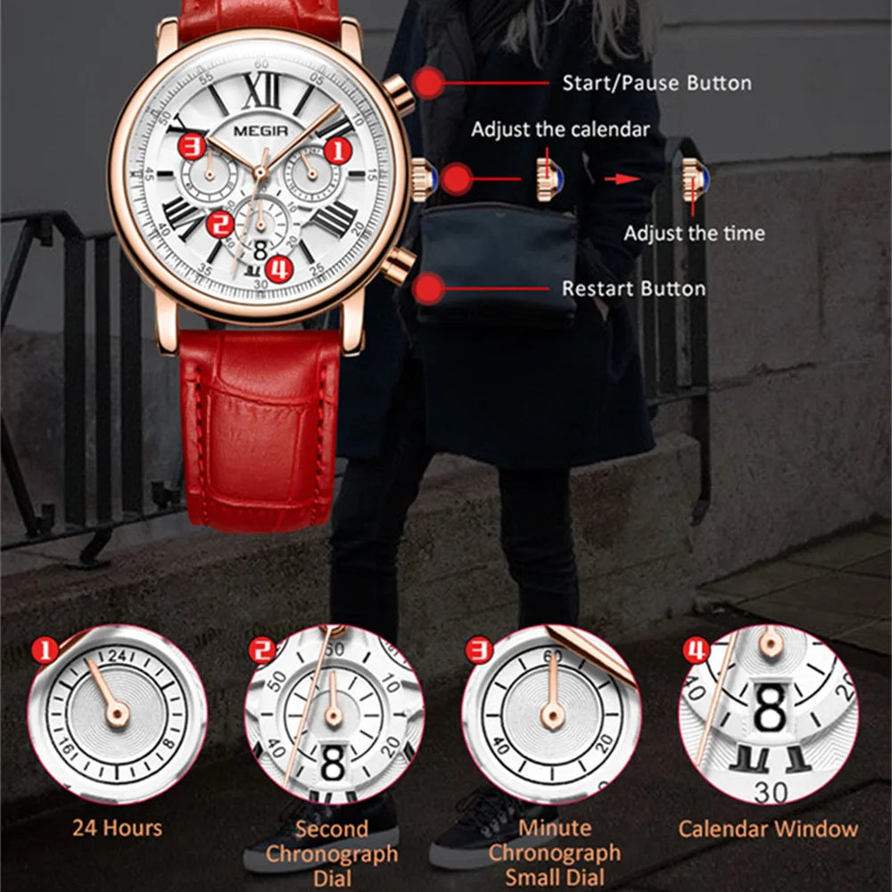 MEGIR Women Watches Luxury Quartz Chronograph Leather Strap Ladies Sports Wristwatch Female Dress Clock 24-hour Reloj Mujer 2058