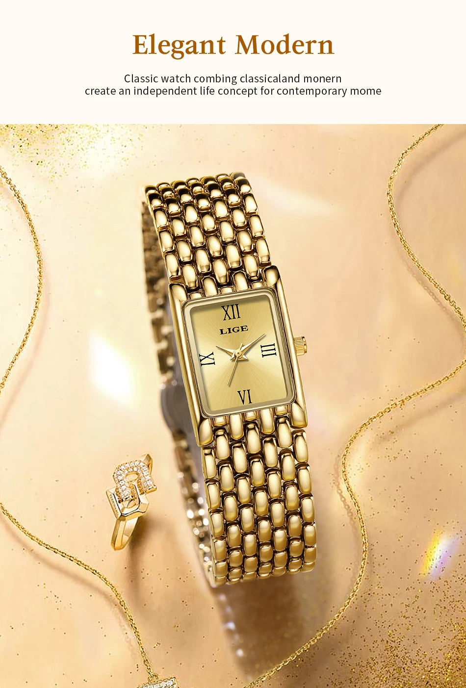 LIGE Gold Watch for Women Square Ladies Quartz Wristwatches Stainless Steel Women Small Gold Watch Luxury Casual Fashion Watch