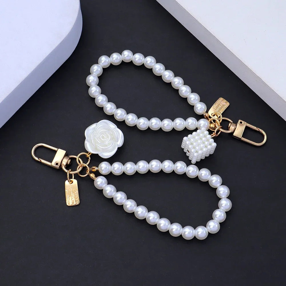 Lovely Beaded Bowknot Keychains Elegant Pearl Chain Pendant Women Bag Charms Hanging Ornament DIY Headphone Case Accessories