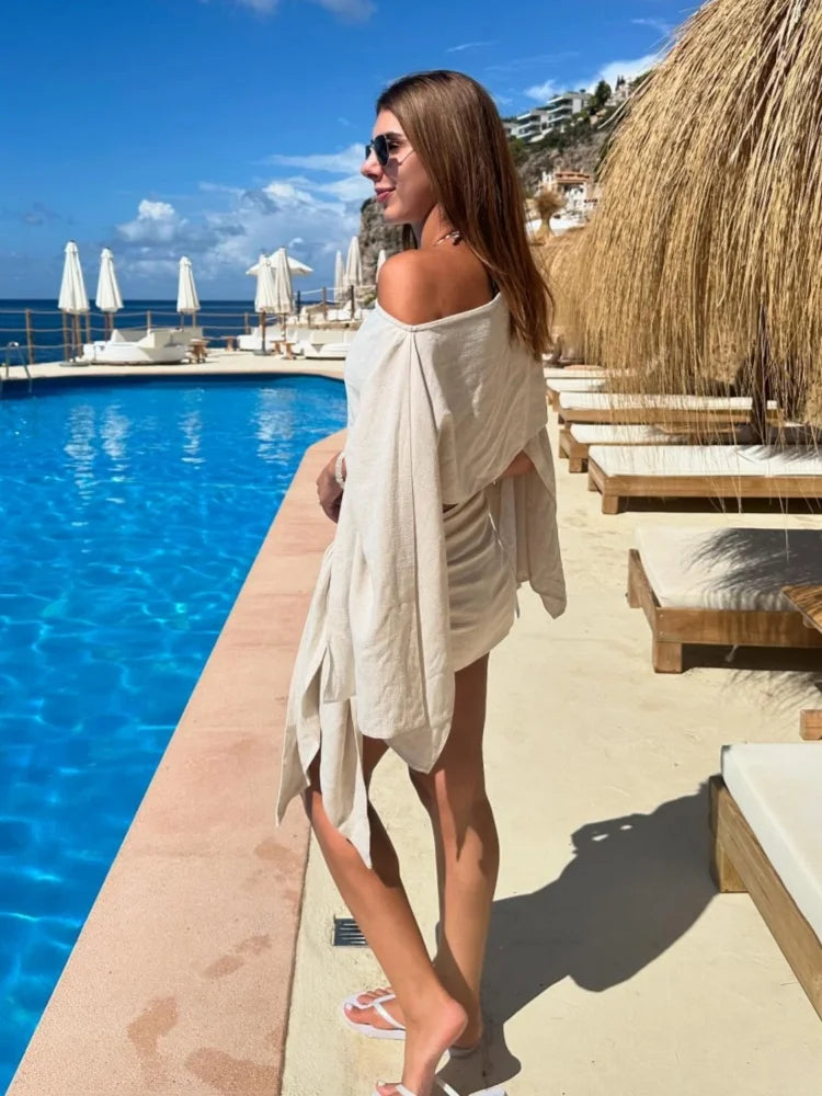 Women Solid Color Shawl Tops Mini Knot Skirt Suit Cotton Linen Comfort Skirts Set 2026 Spring Summer Lady Beach Holiday Outfit
