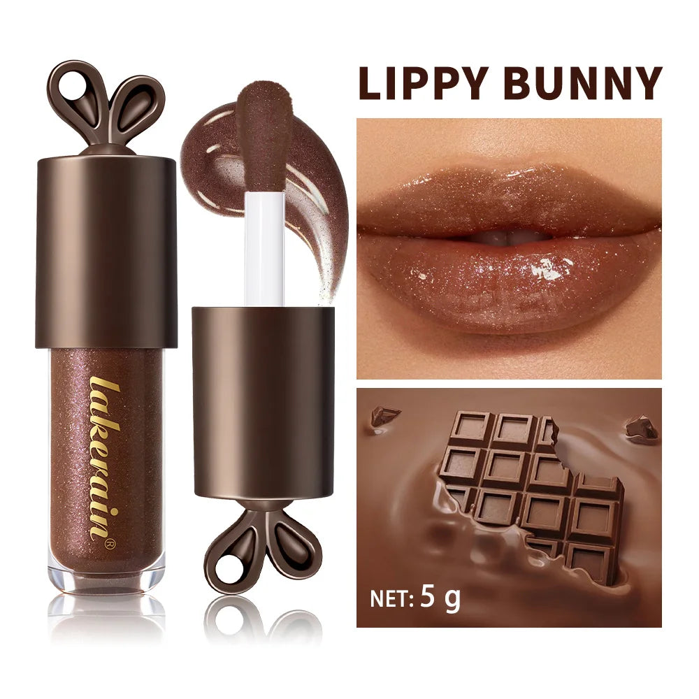 LIPPY BUNNY Plump Lips Chocolate Glow Moisturizing Lip Gloss with Bunny Keychain Lip Stain Cosmetics Makeup