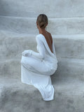 Chic Backless White Long Sleeved Slim Fit Dress for Women Pleated Elegant Round Neck Long Dresses 2024 New Female Evening Gowns