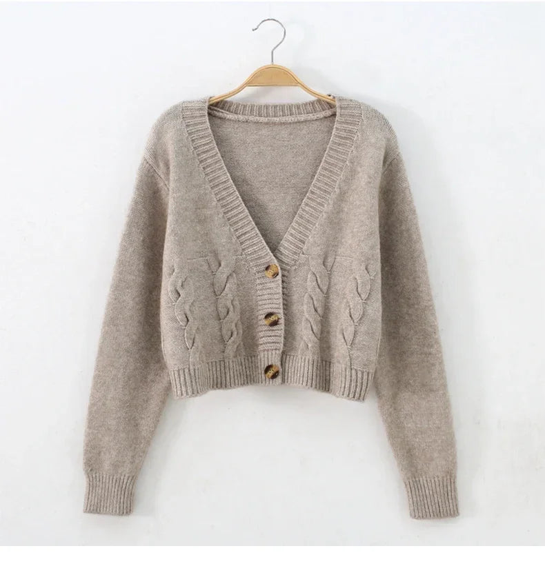 2025 V Neck Cropped Cardigan Women Long Sleeve Twist Knitted Sweater Coats Autumn Winter Keep Warm Korean Fashion Cardigan