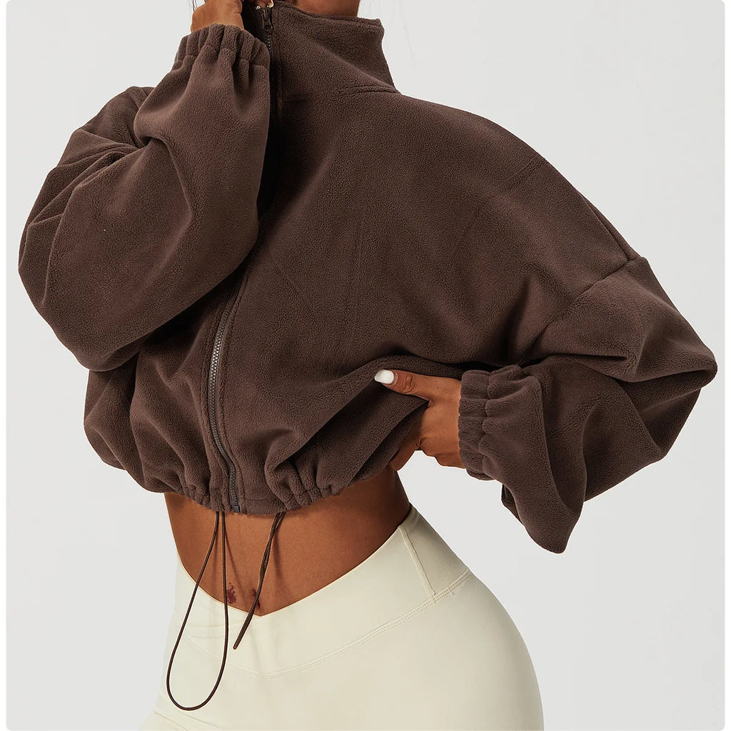 Women's Polar Fleece Zip Hoodie Athletic Loose Fit Crop Top w/ Stand Collar, Thumb Holes & Drawstring Hem for Fall Winter