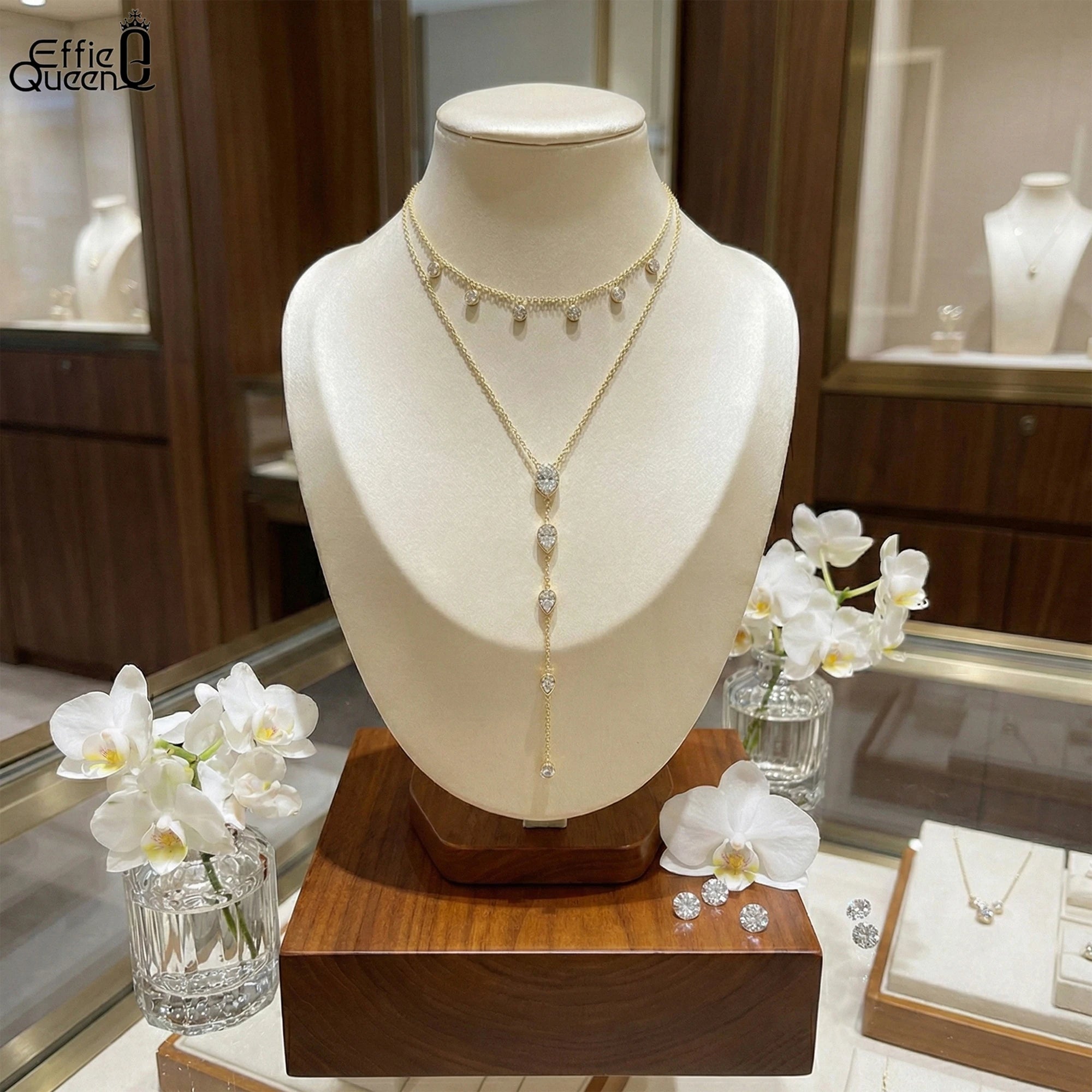 EFFIE QUEEN Dainty Zircon Y-Shaped Pendant Necklace Trendy Layered CZ Beaded Choker Long Chain 925 Sterling Silver Jewelry BQN16