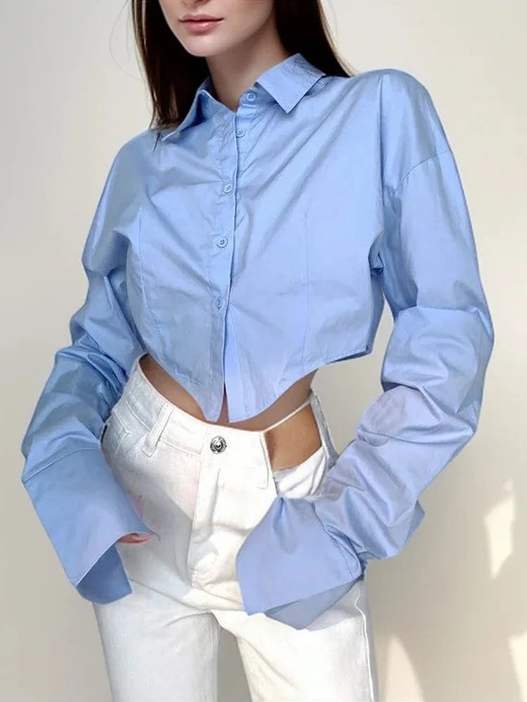 Zadily Summer 2025 Korean Style Long Sleeve White Shirt Sexy Button Detail Crop Top Women's Streetwear Blouse Female Clothing