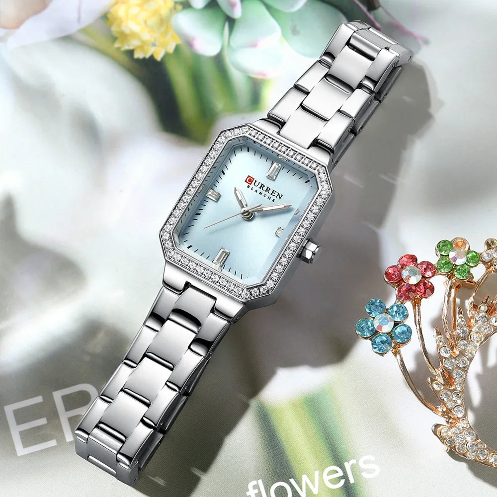 CURREN 9102 Women's Small Square Quartz Watch Waterproof Diamond Women's Watch