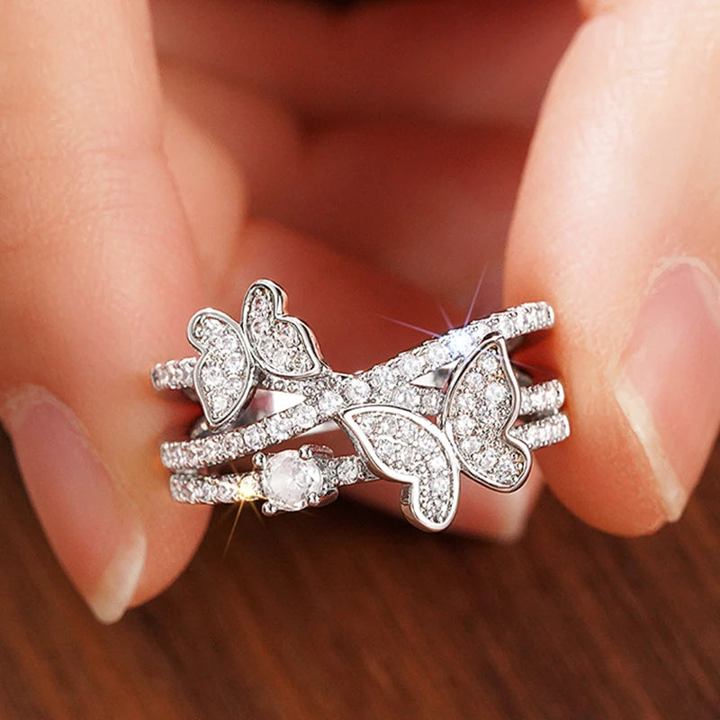 Huitan Romantic Rings with Double Butterfly Shiny Cubic Zirconia Finger Accessories Sweet Exquisite Graceful Jewelry for Wedding